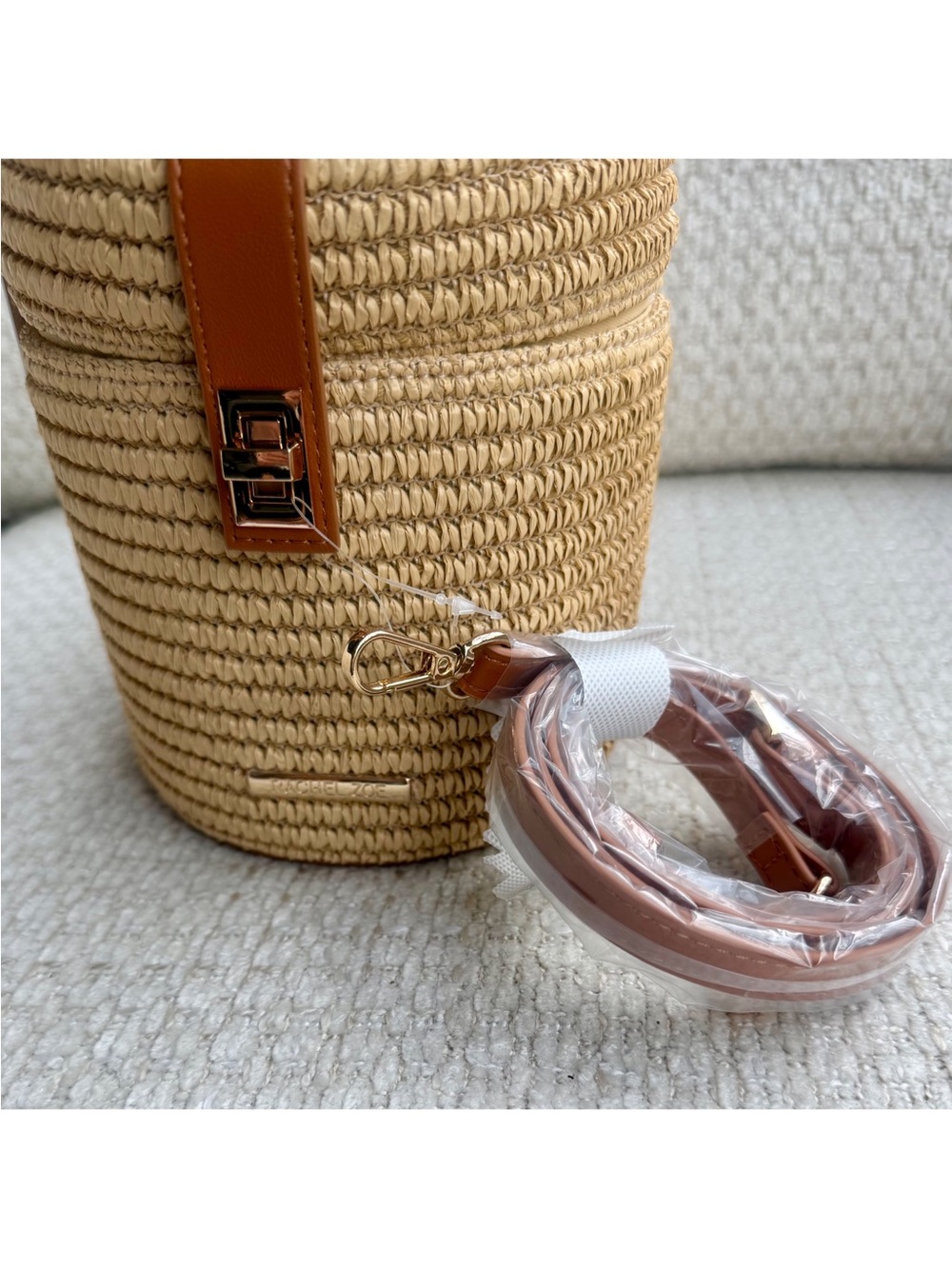 Rachel Zoe Woven Straw Cylinder Vanity Bucket Bag Crossbody Top Handle Studded - Picture 5 of 10
